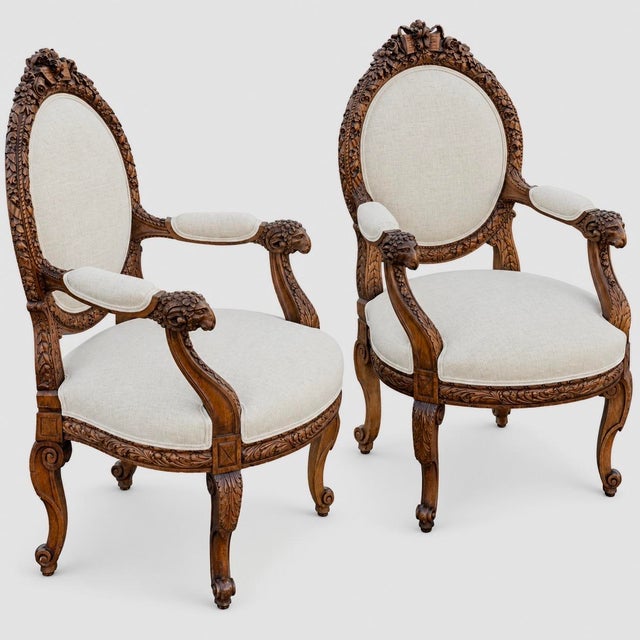 19th-C. French Neo-Classical Carved Walnut Bergere Chairs With Rams - Pair For Sale - Image 12 of 12