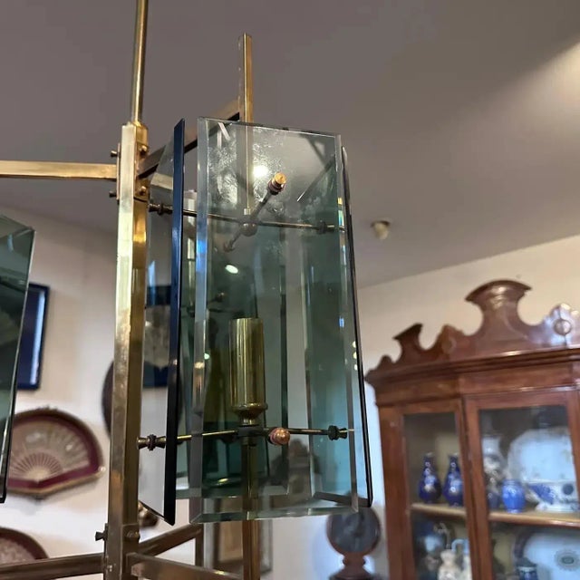 1970s Cristal Arte Mid-Century Modern Brass and Green Glass Italian Chandelier For Sale - Image 9 of 12