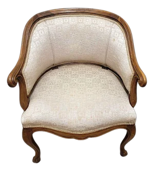 Mid Century Provincial Style Walnut Barrel Back Off-White Upholstered Armchair