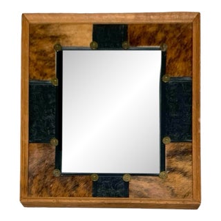 Late 20th Century Mirror in Cowhide Cover on Heavy Wood Frame Vintage Western Rustic Decor For Sale