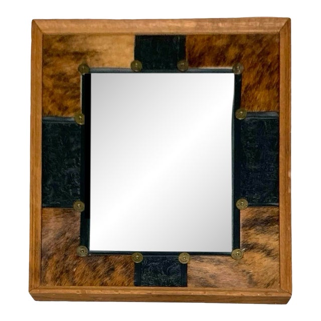 Late 20th Century Mirror in Cowhide Cover on Heavy Wood Frame Vintage Western Rustic Decor For Sale