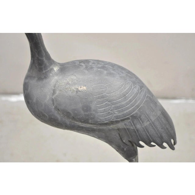 Vintage Hollywood Regency Pewter Metal 27" Crane Bird Garden Statue Hong Kong For Sale - Image 4 of 12