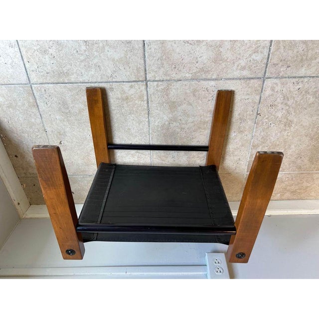 Late 20th Century Vintage Vinyl Sling Wood Walnut Ottoman For Sale - Image 4 of 10