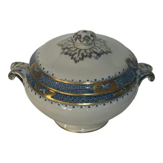 Antique English Dalmeny Covered Tureen by Hancock Whieldon Pattern, Blue & Gilt For Sale