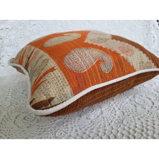 Burnt Orange & Brown Paisley Kantha Cloth Throw Pillow For Sale - Image 4 of 6