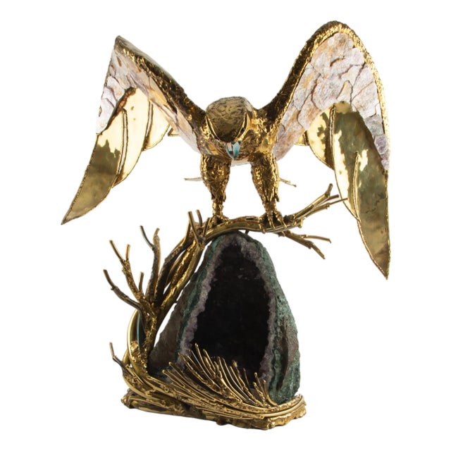1970s Large Sculptural Brass Eagle Lamp with Amethyst Geode For Sale