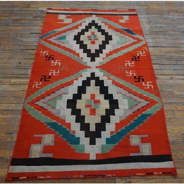 1930s Red Small Antique Tribal Geometric Native American Navajo Flat Weave Rug For Sale - Image 12 of 12