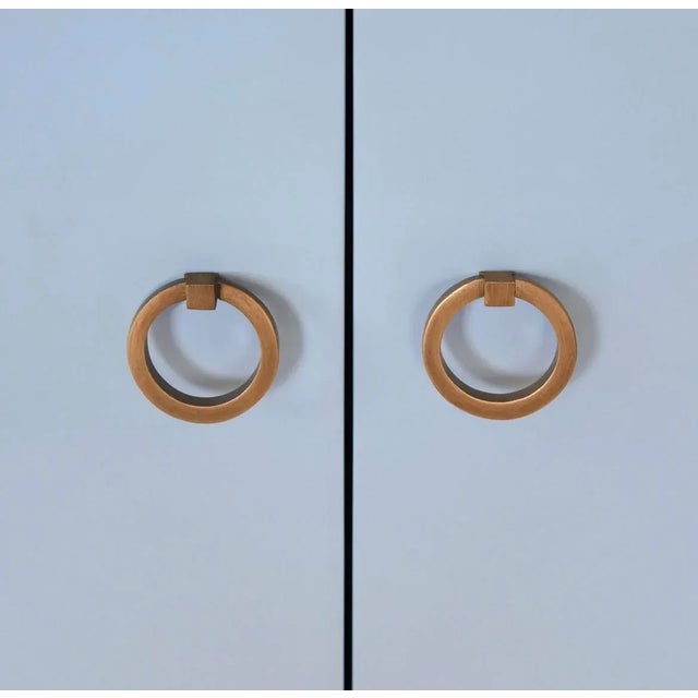 Worlds Away Matthew Izzo Home Kealey Matte Light Blue Lacquer, Two Door, Single Sink Bathroom Vanity - Carrara Marble Top, Porcelain Sink, Brass Hardware For Sale - Image 4 of 5