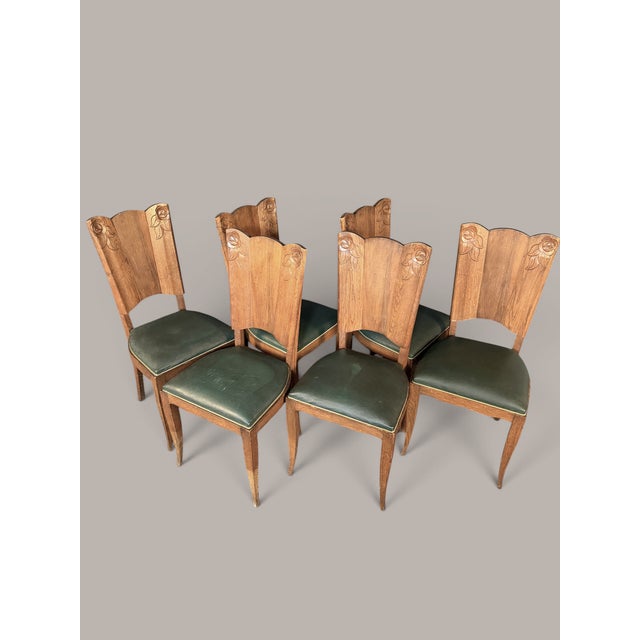 1920s Art Nouveau Dining Chairs in Oak with Carved Rose Motifs, 1920, Set of 6 For Sale - Image 5 of 9