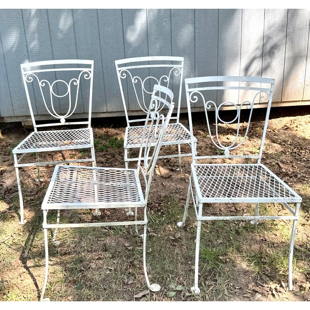 Mid-Century Modern 1960’s White Wrought Iron Patio Chairs W/Leather Seat Cushions 4 For Sale - Image 3 of 4