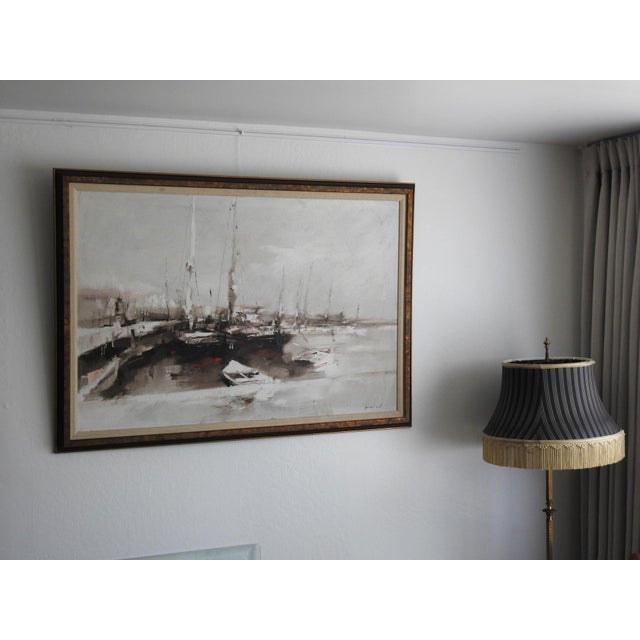 Capture the serene, misty essence of the New England coast with this large-scale oil on canvas board painting by renowned...