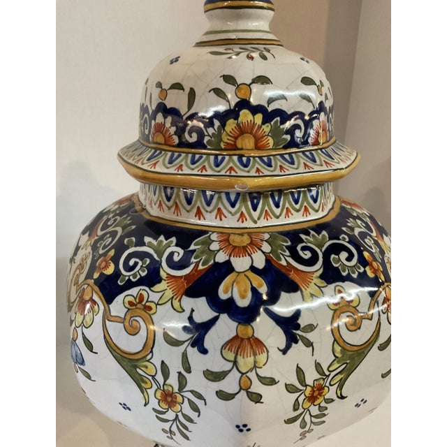 Antique Statement Piece! Hand painted Ginger Jar in the pattern typical of Rouen France. Measures 17.5 inches height, 9...