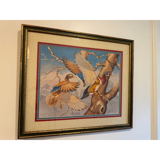 1980s Signed Jim Oliver Print of 2 Wood Ducks in Gorgeous Gold Bamboo Frame For Sale In Nashville - Image 6 of 11