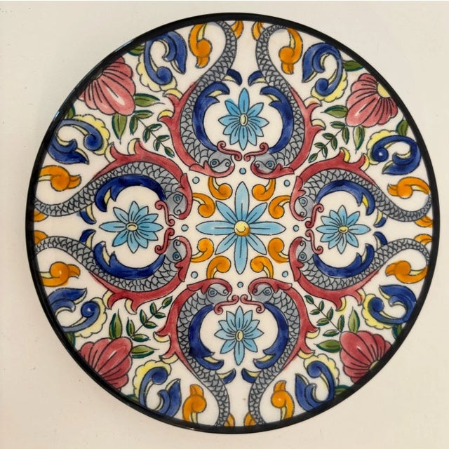 Vintage Spanish Ceramar Talavera Wall Plate Hand-Painted 7 In. Jewel Tone Colors For Sale In Palm Springs - Image 6 of 8