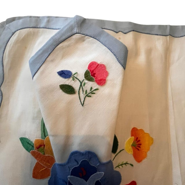 White Set 8 Vintage 4 Placemats & 4 Matching Napkins Early to Mid 20th Century Blue Farmhouse Embroidered Tatting Shabby Chic Traditional English Cottage For Sale - Image 8 of 14