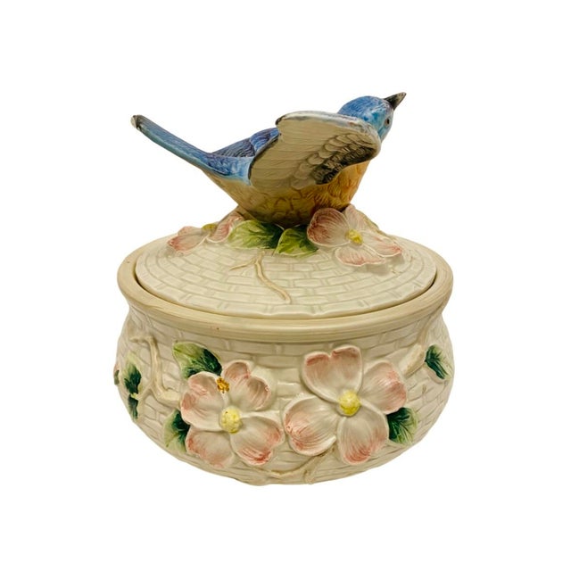 American Vintage 1990s Fitz and Floyd Bluebird Dogwood Basket Weave Ceramic Lidded Dish For Sale - Image 3 of 8