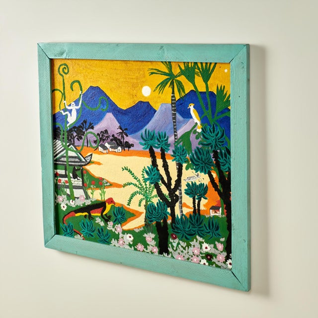 Whimsical mid century acrylic painting on board with tropical foliage and animals set in a mountainous background....