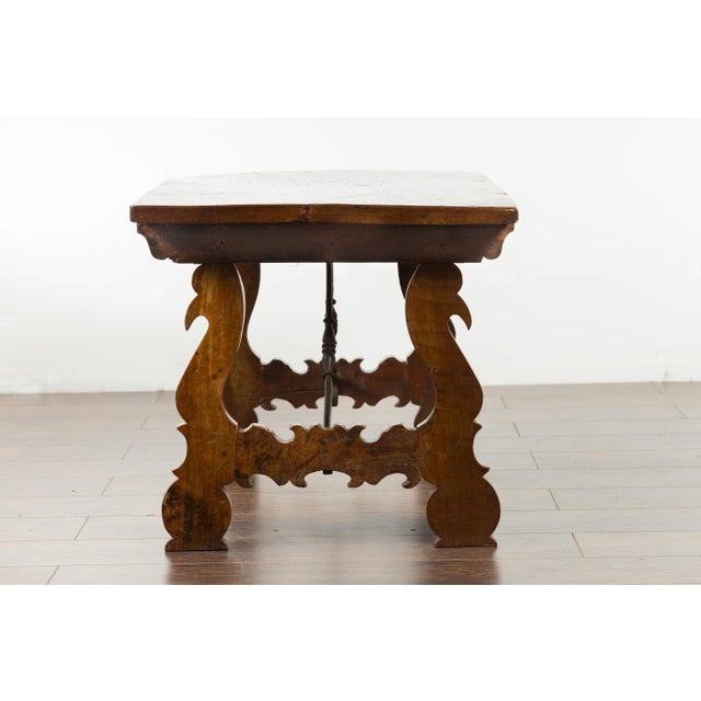 Italian 1820s Walnut Low Fratino Table with Lyre-Shaped Base and Iron Stretchers For Sale - Image 12 of 12