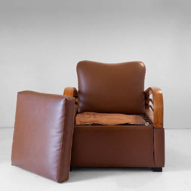 Wood Art Déco Italian Convertible Armchair / Sleeper Chair in Brown Eco-Leather, 1920s. For Sale - Image 7 of 18