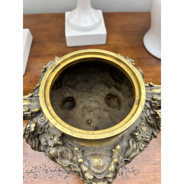 Mid 20th Century Ornate Mid 20th Century Cast Brass Chinese Incense Burner Censer With Dragons and Fu Dogs and Green Stone Finial For Sale - Image 5 of 12