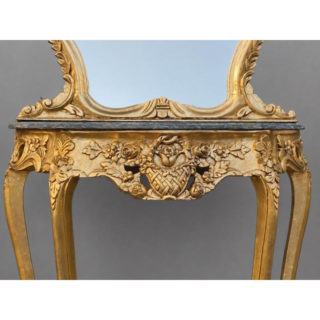 Gold 1920 French Artisan Louis XVI Gold Marble Console With Mirror Set - 2 Pc For Sale - Image 8 of 12