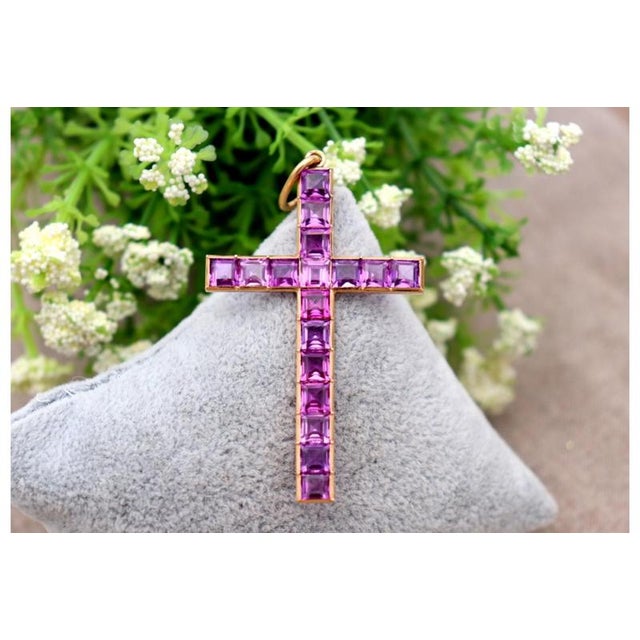 Gold 19.2k Gold Cross Pendant with Rubies For Sale - Image 8 of 8