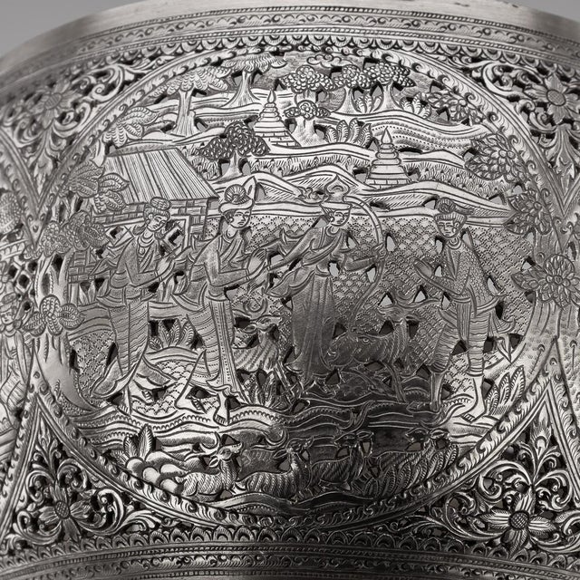 1910s Antique Burmese Pierced Silver Pyusawhti Folk Tale Bowl, 1918 For Sale - Image 5 of 17