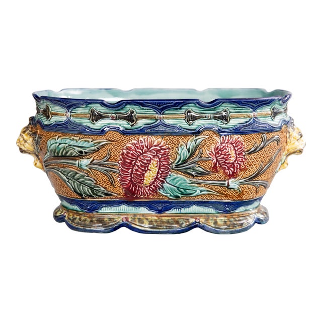 Antique Wasmuel Majolica Barbotine Sunflower Jardiniere Cachepot, Circa 1880 For Sale