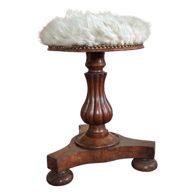 Mid 20th Century One-of-a-Kind Italian Neoclassical Fluted Pedestal Stool in Mongolian Shearling by Lorraine Studios For Sale