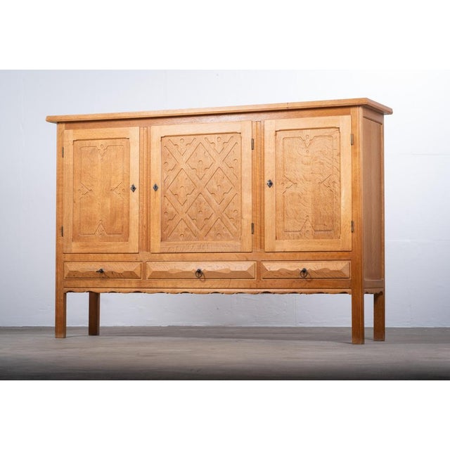 Brutalist Oak Sideboard attributed to Henning Kjærnulf, Denmark, 1960s For Sale - Image 4 of 16