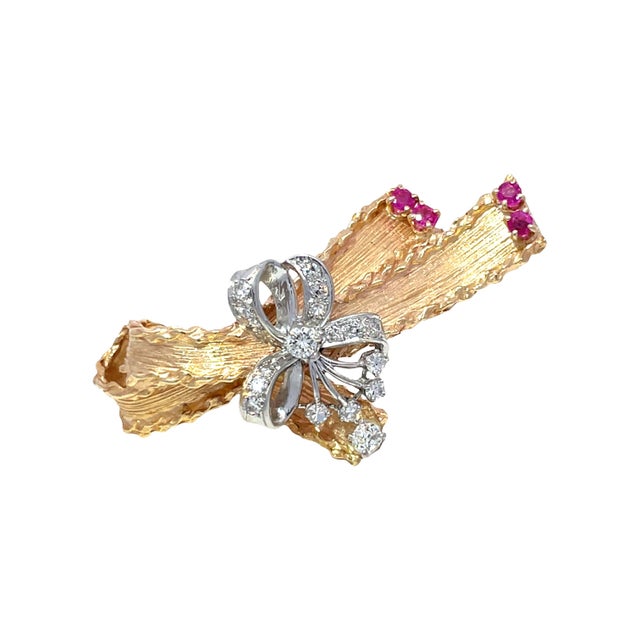 Retro 14k Yellow Gold & Platinum Diamond Ruby Floral Ribbon Bow Brooch For Sale - Image 11 of 11