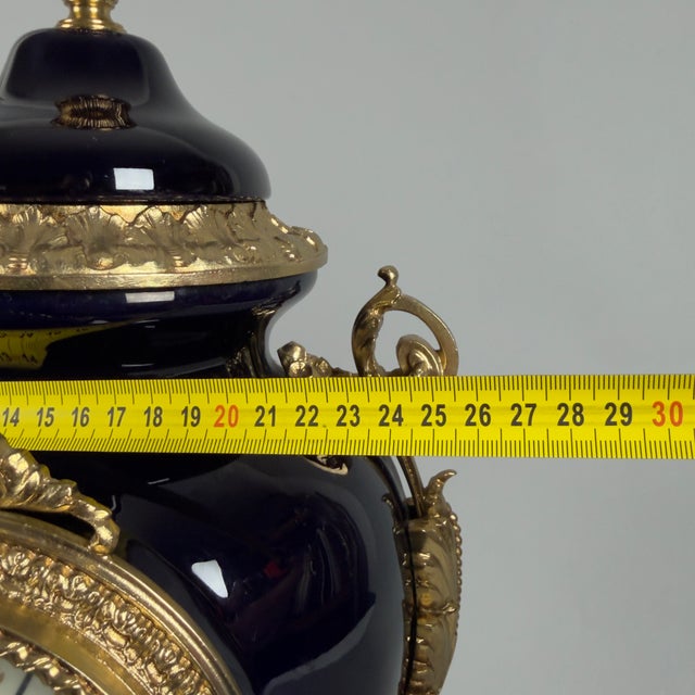 Antique French Table Clock in Blue Porcelain and Brass from Limoges For Sale - Image 12 of 14