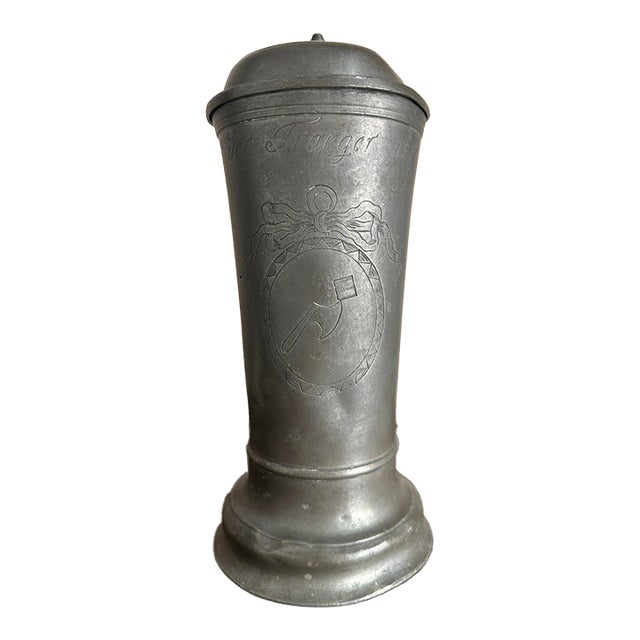 Antique 18th Century German Pewter Hand Etched Lidded Beer Stein for a Tradesman Stamped 1799 For Sale