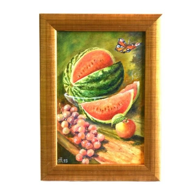 French Country Harvest Fruit Tablespace Oil Painting, Artist Signed Including the Antiqued Gold Wood Frame For Sale - Image 3 of 7
