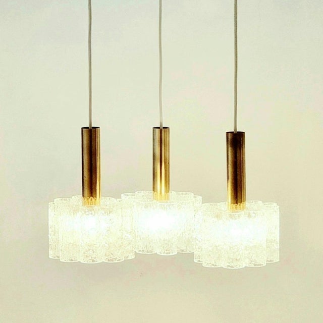 Metal Mid-Century Modern Murano Ice Glass Triple Pendant Light from Doria Leuchten, Germany, 1960s For Sale - Image 7 of 9