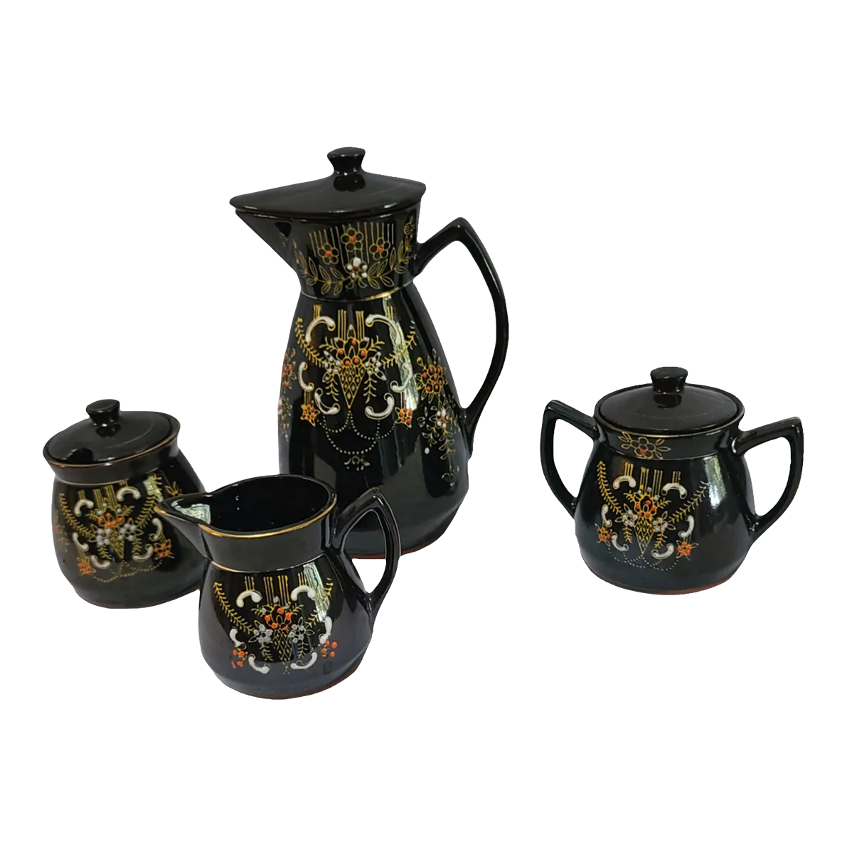 Vintage Moriage Redware Set Hand Painted Floral Enamel Tea Pot