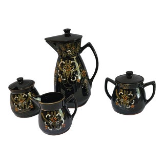 Vintage Moriage Redware Set Hand Painted Floral Enamel Tea Pot Creamer Sugar Bowl & Jam Jar- 4 Pieces For Sale