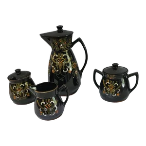 Vintage Moriage Redware Set Hand Painted Floral Enamel Tea Pot Creamer Sugar Bowl & Jam Jar- 4 Pieces