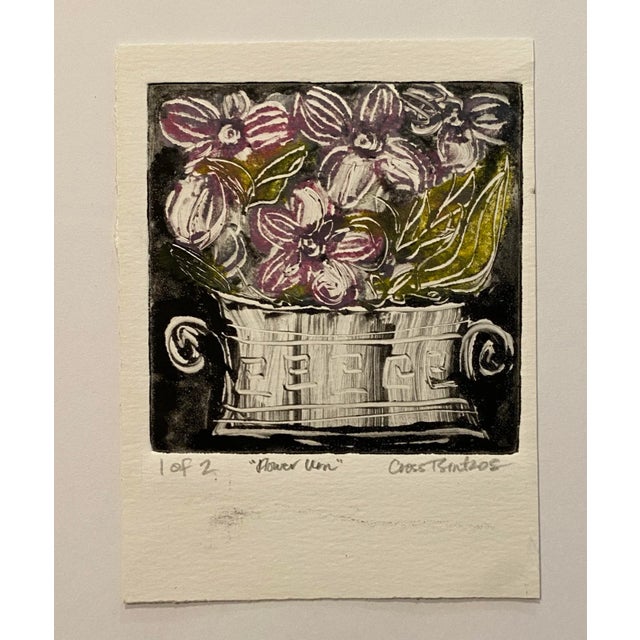 Illegibly signed miniature color monoprint titled flower urn and numbered 1 of 2.