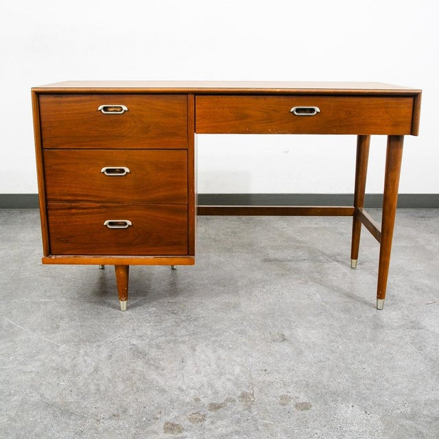 Brown Mid Century Modern Desk Bp John Metal 4 Drawer Walnut Vintage Floating Kneehole For Sale - Image 8 of 9