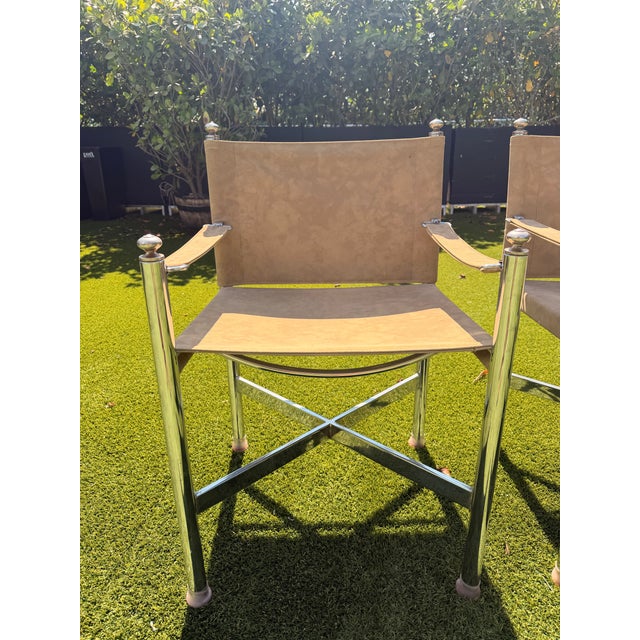 Vintage Campaign Maison Jansen Style, Pace Chrome Table & Director Arm Chairs, Suede Leather Chrome and Brass C. 1970s For Sale - Image 12 of 12