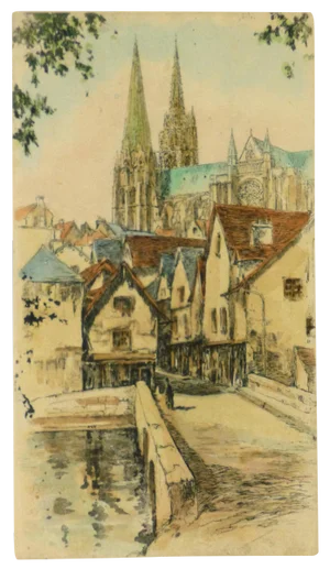 Antique Aquatint Etching - Rue De La Porte Guillaume and the Chartes Cathedral , C. 1900