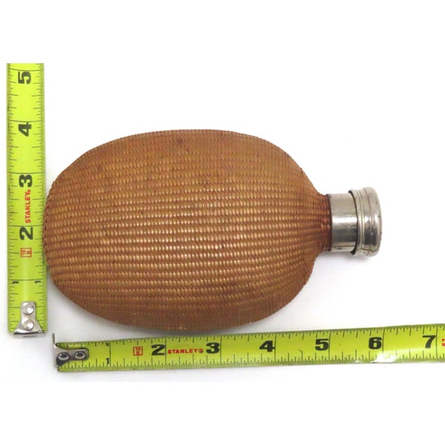Antique Early 1900s Hand Woven Basket on Glass "Pumpkin Seed" Whiskey Hip Flask For Sale - Image 12 of 13