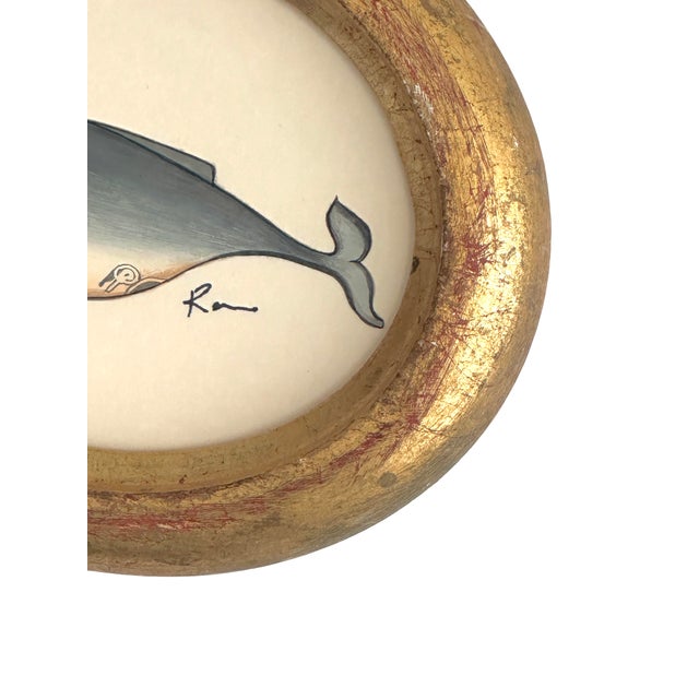Figurative Original Hand-Painted Whimsical Baby Whale Painting in a Vintage Italian Gold Frame For Sale - Image 3 of 3
