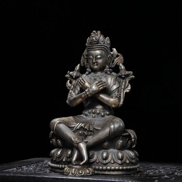 Vintage Silver-Plated Bronze Vajradhara Statue Buddhist Deity Sculpture 9.8" For Sale - Image 4 of 9