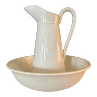 Large Antique French St Amand White Ironstone Pitcher & Basin, Circa 1908 - 2 Pieces For Sale