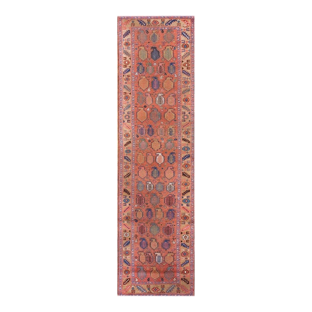 1890s Orange Salmon Tribal Paisley Antique n.w. Persian Bakshaiesh Rug 3'4" X 12'6" Handknotted Wool Carpet For Sale