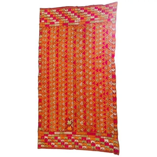 Indian Antique Phulkari Wedding Shawl, Orange Silk Embroidery on Cotton For Sale - Image 3 of 13