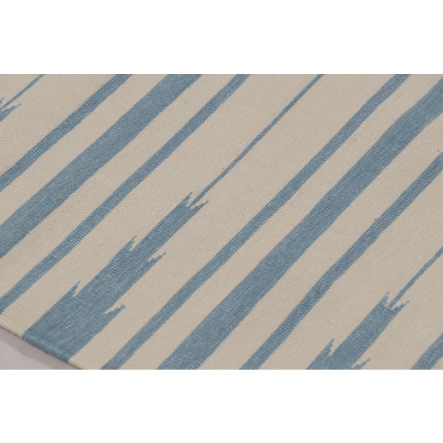 Textile Rug & Kilim’s Indian Dhurrie Rug in Ivory and Blue Stripes For Sale - Image 7 of 10