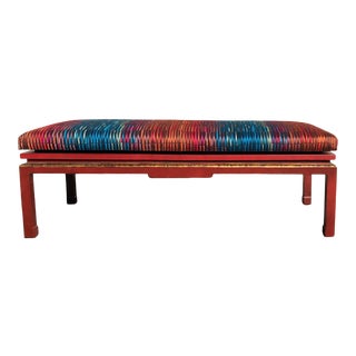 Chinese Red With Gold Lacquer Ming Styled Shandong Bench Newly Upholstery For Sale